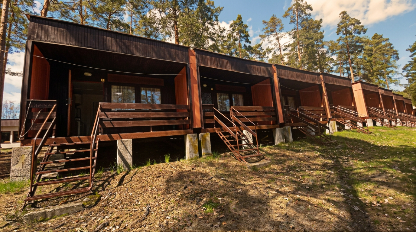 Řada dřevěných chatek Šiška kempu v borovicovém lese